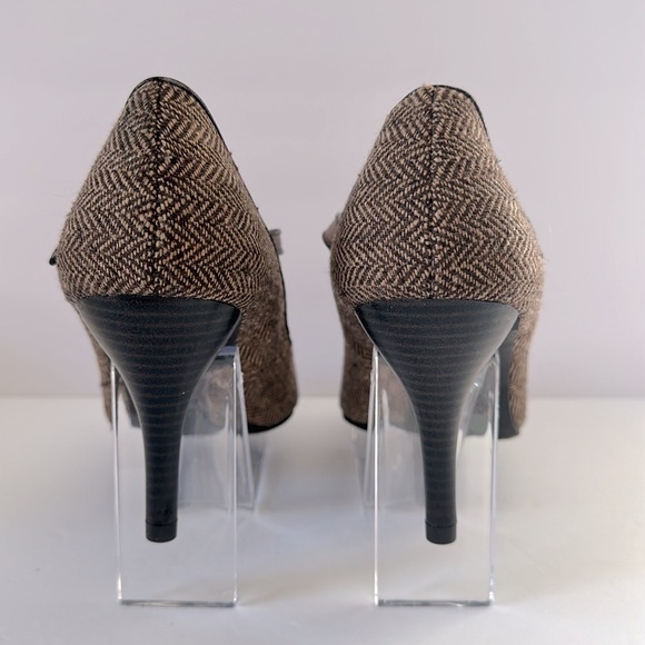 Prediction Brown Tweed Heels 90’s Peep Toe Size 9 Ankle Straps Office Walkable - Picture 6 of 9